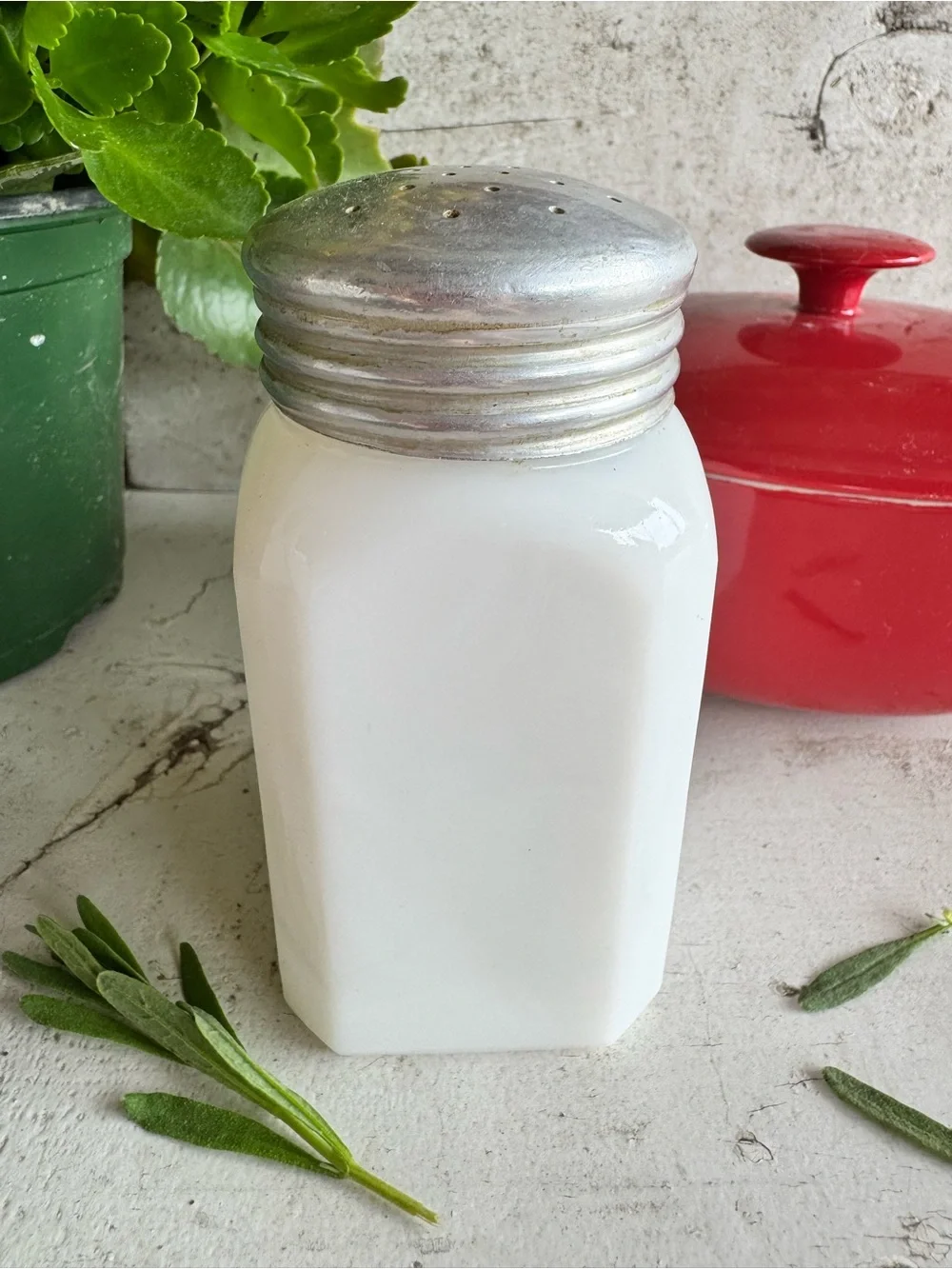Vintage Hazel-Atlas White Milk Glass Pepper Shaker w/Aluminum Lid